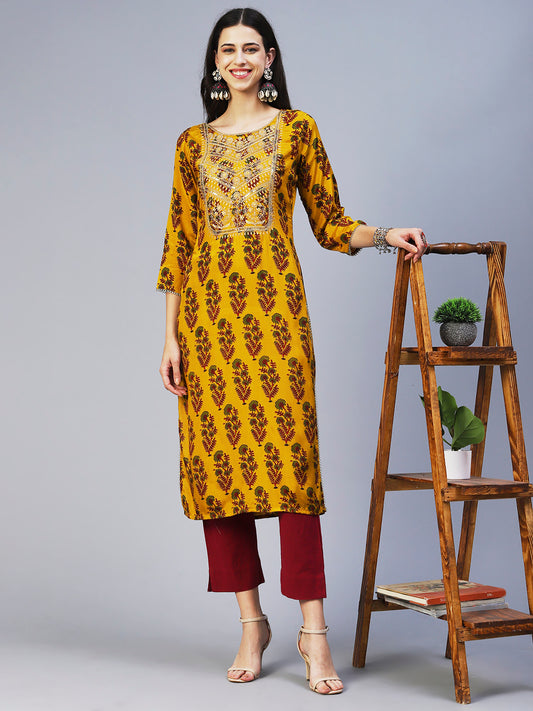 Floral Printed Zari & Mirror Embroidered Kurta - Mustard