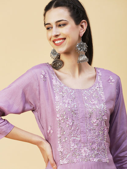 Solid Stylized Applique Embroidered Kurta With Pants & Dupatta - Purple