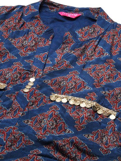 Ajarak Printed Hand Embroidered Asymmetric Hem Kurta With Pants - Indigo Blue