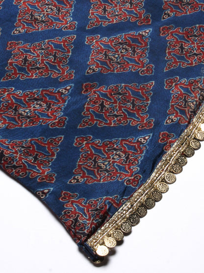 Ajarak Printed Hand Embroidered Asymmetric Hem Kurta With Pants - Indigo Blue