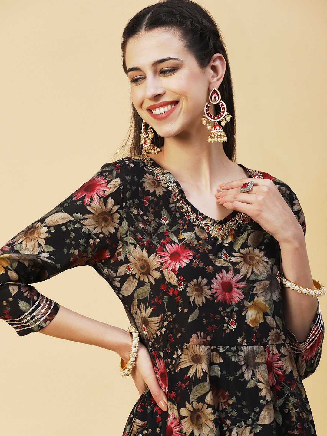 Floral Printed Hand Embroidered Kurta With Pants & Dupatta - Black