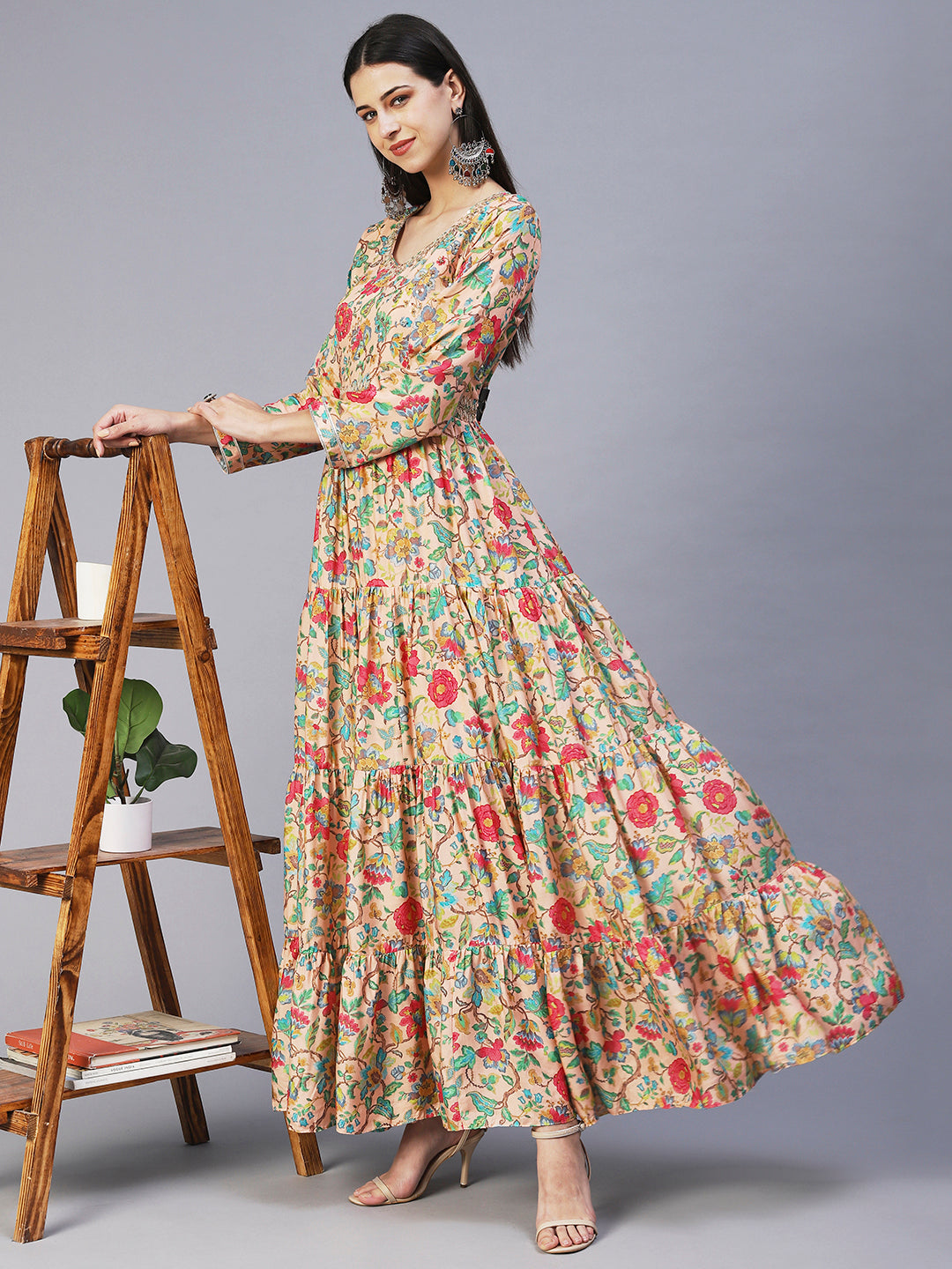 Paisley Printed Flared Maxi Dress - ALOFI - Women Designer Dresses