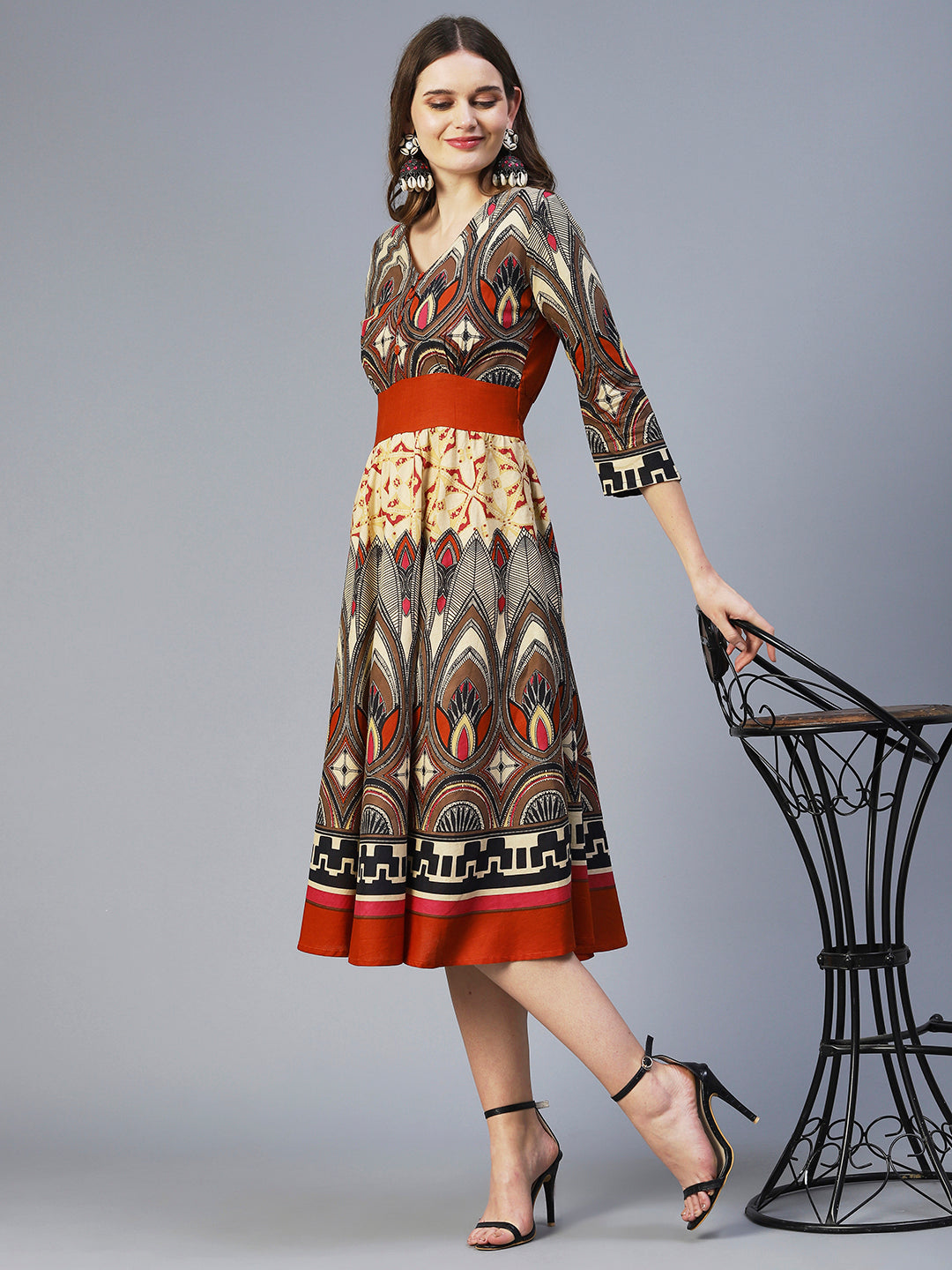 Abstract Bohemian Printed Midi Dress - Multi