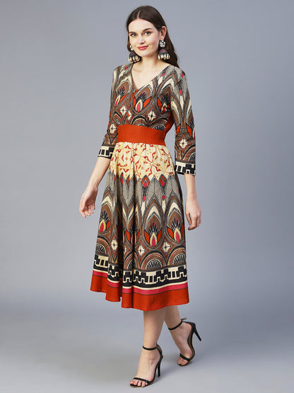 Abstract Bohemian Printed Midi Dress - Multi