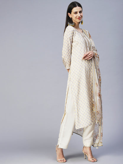 Barfi Printed Zari Embroidered Kurta With Pants & Dupatta - Off White
