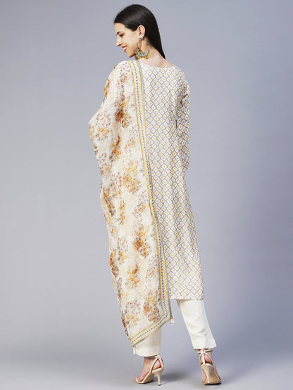 Barfi Printed Zari Embroidered Kurta With Pants & Dupatta - Off White