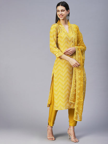 Geometric Printed Scallop Lace Kurta With Pants & Embroidered Dupatta - Yellow