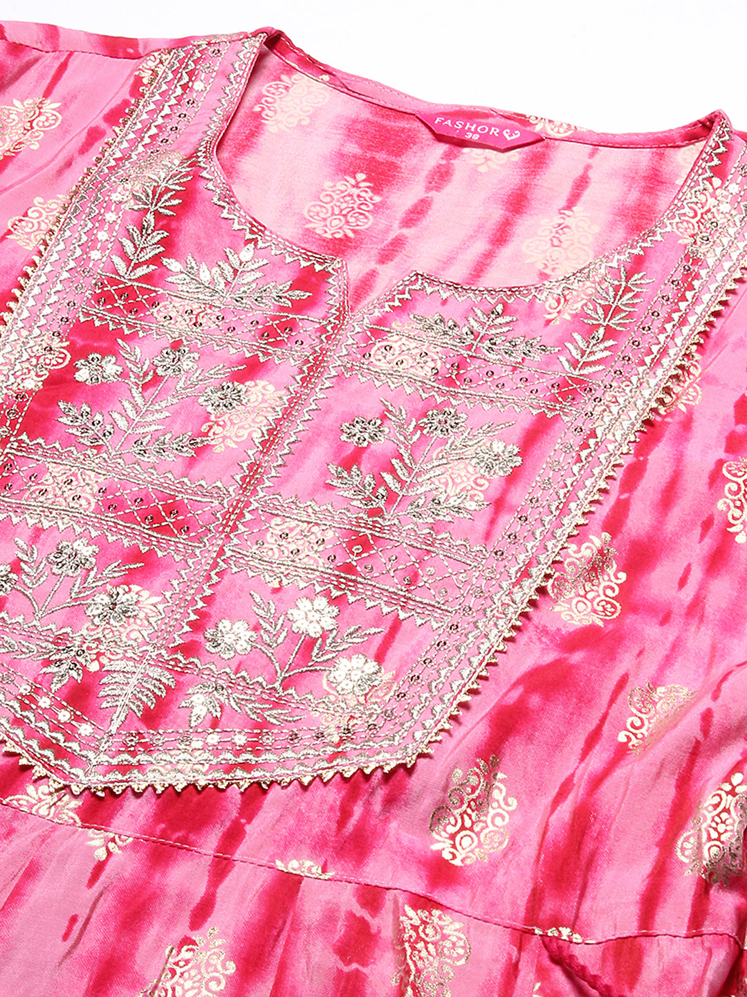 Shibori Printed Zari & Sequins Embroidered Anarkali Dress - Pink