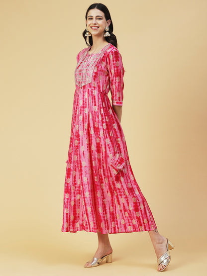 Shibori Printed Zari & Sequins Embroidered Anarkali Dress - Pink