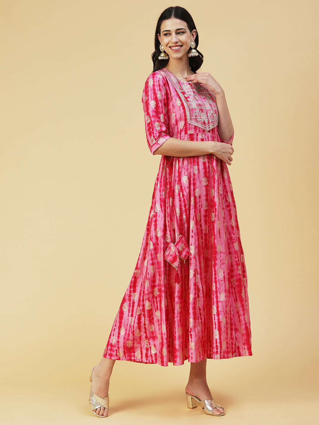 Shibori Printed Zari & Sequins Embroidered Anarkali Dress - Pink