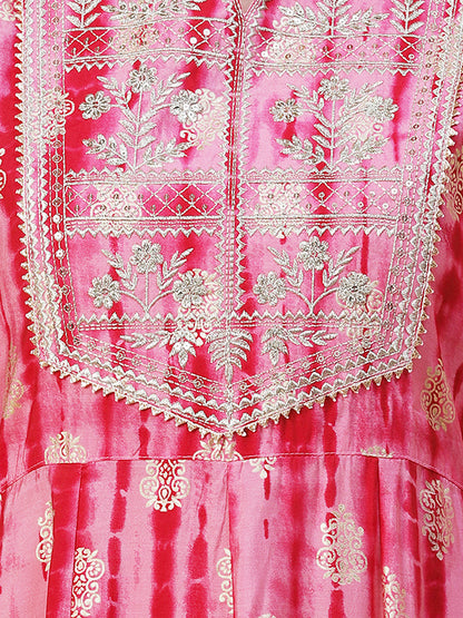 Shibori Printed Zari & Sequins Embroidered Anarkali Dress - Pink