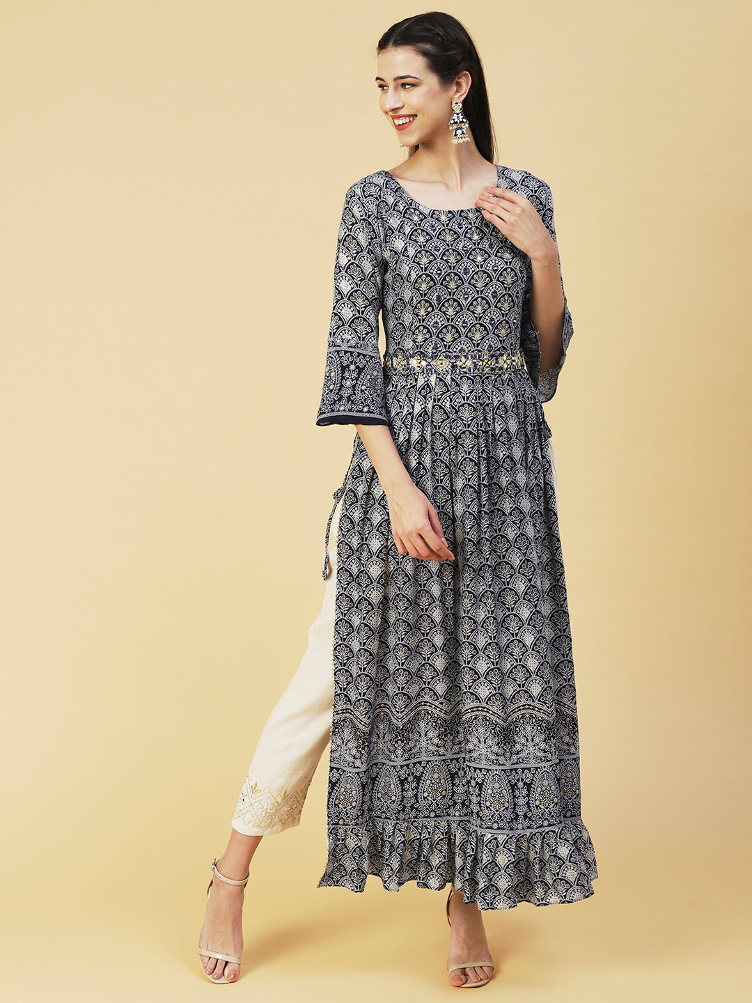 Ethnic Printed & Embroidered A-Line Kurta - Navy Blue