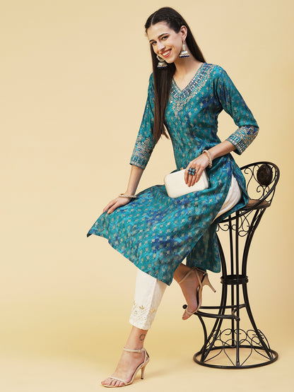 Ethnic Printed & Embroidered Straight Fit Kurta - Turquoise Blue