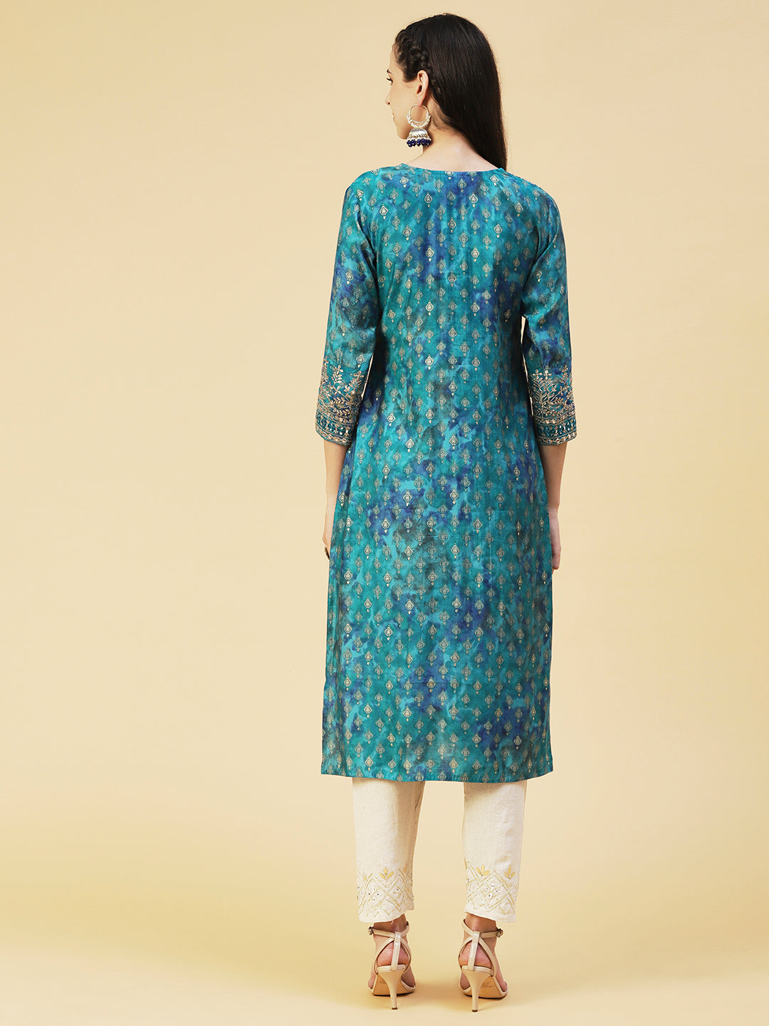 Ethnic Printed & Embroidered Straight Fit Kurta - Turquoise Blue