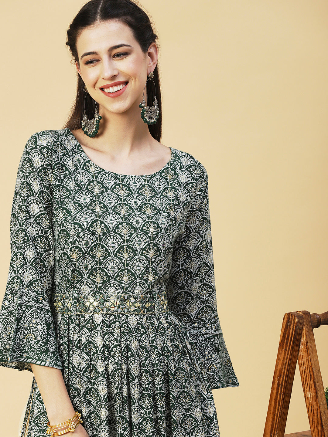Ethnic Printed & Embroidered A-Line Kurta - Green