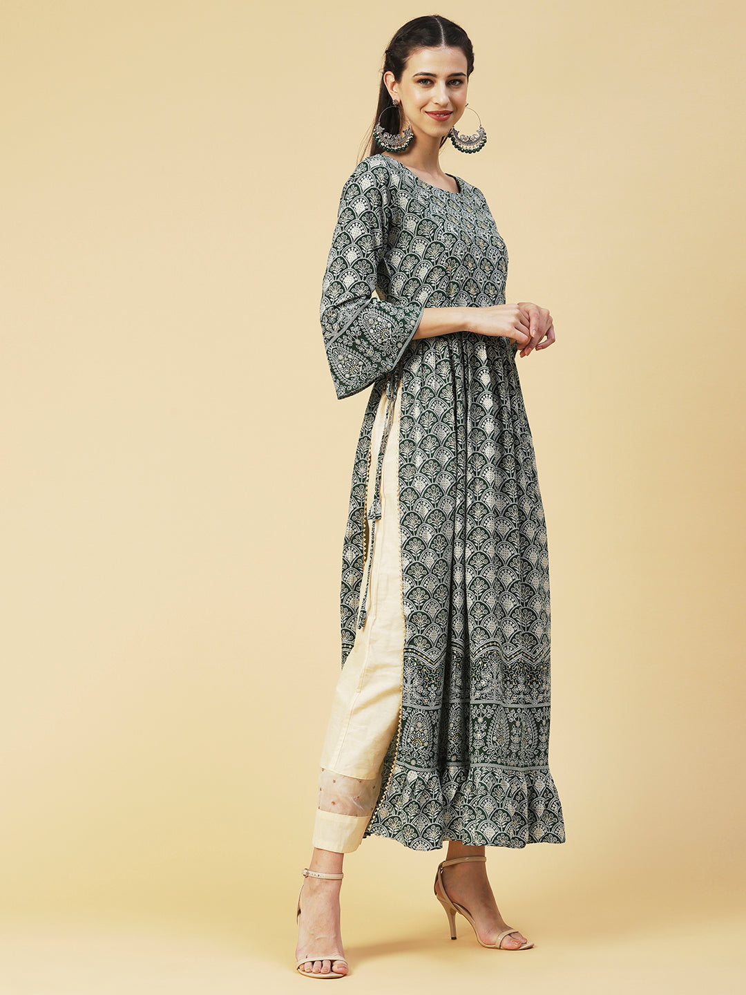 Ethnic Printed & Embroidered A-Line Kurta - Green
