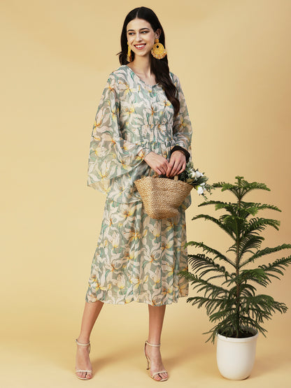 Floral Printed Smocked Dress With Inner - Light Green