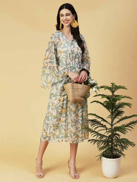 Floral Printed Smocked Dress With Inner - Light Green