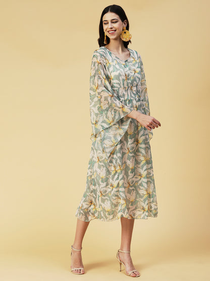 Floral Printed Smocked Dress With Inner - Light Green