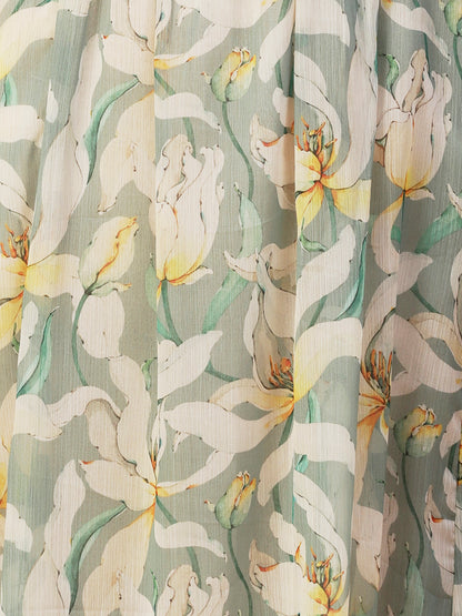 Floral Printed Smocked Dress With Inner - Light Green