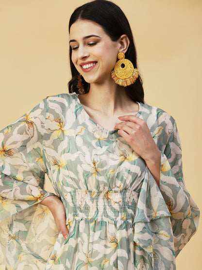 Floral Printed Smocked Dress With Inner - Light Green
