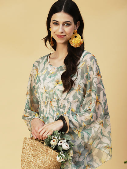 Floral Printed Smocked Dress With Inner - Light Green