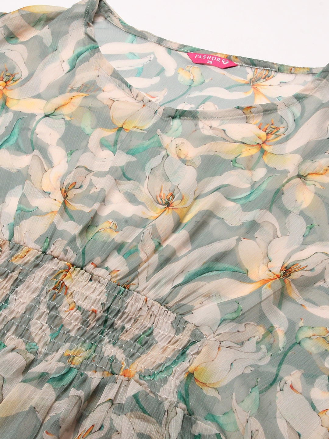 Floral Printed Smocked Dress With Inner - Light Green