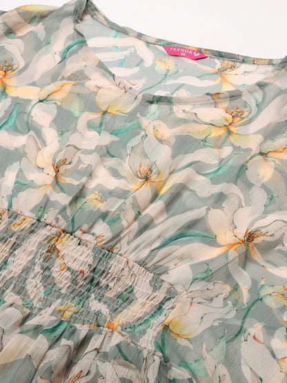 Floral Printed Smocked Dress With Inner - Light Green