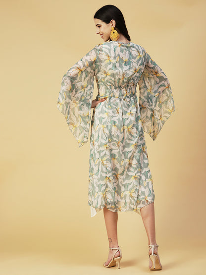 Floral Printed Smocked Dress With Inner - Light Green