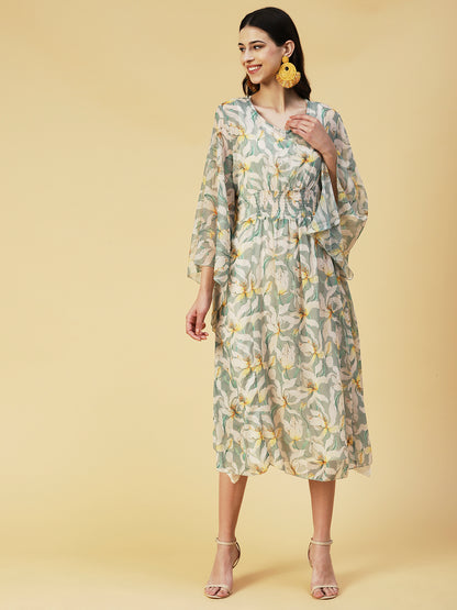 Floral Printed Smocked Dress With Inner - Light Green