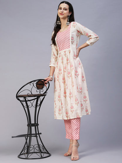 Floral Printed Sequins & Beads Embroidered Kurta With Pants - Off-White