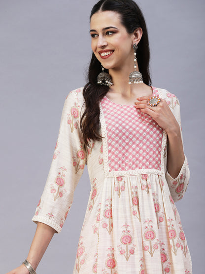 Floral Printed Sequins & Beads Embroidered Kurta With Pants - Off-White