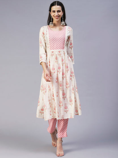 Floral Printed Sequins & Beads Embroidered Kurta With Pants - Off-White