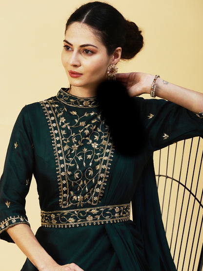 Ethnic Hand Embroidered Fit & Flare Maxi Dress with Belt - Green