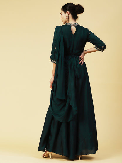 Ethnic Hand Embroidered Fit & Flare Maxi Dress with Belt - Green