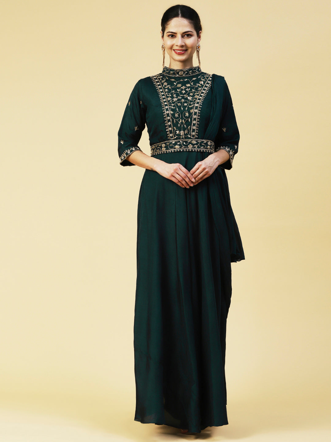 Ethnic Hand Embroidered Fit & Flare Maxi Dress with Belt - Green