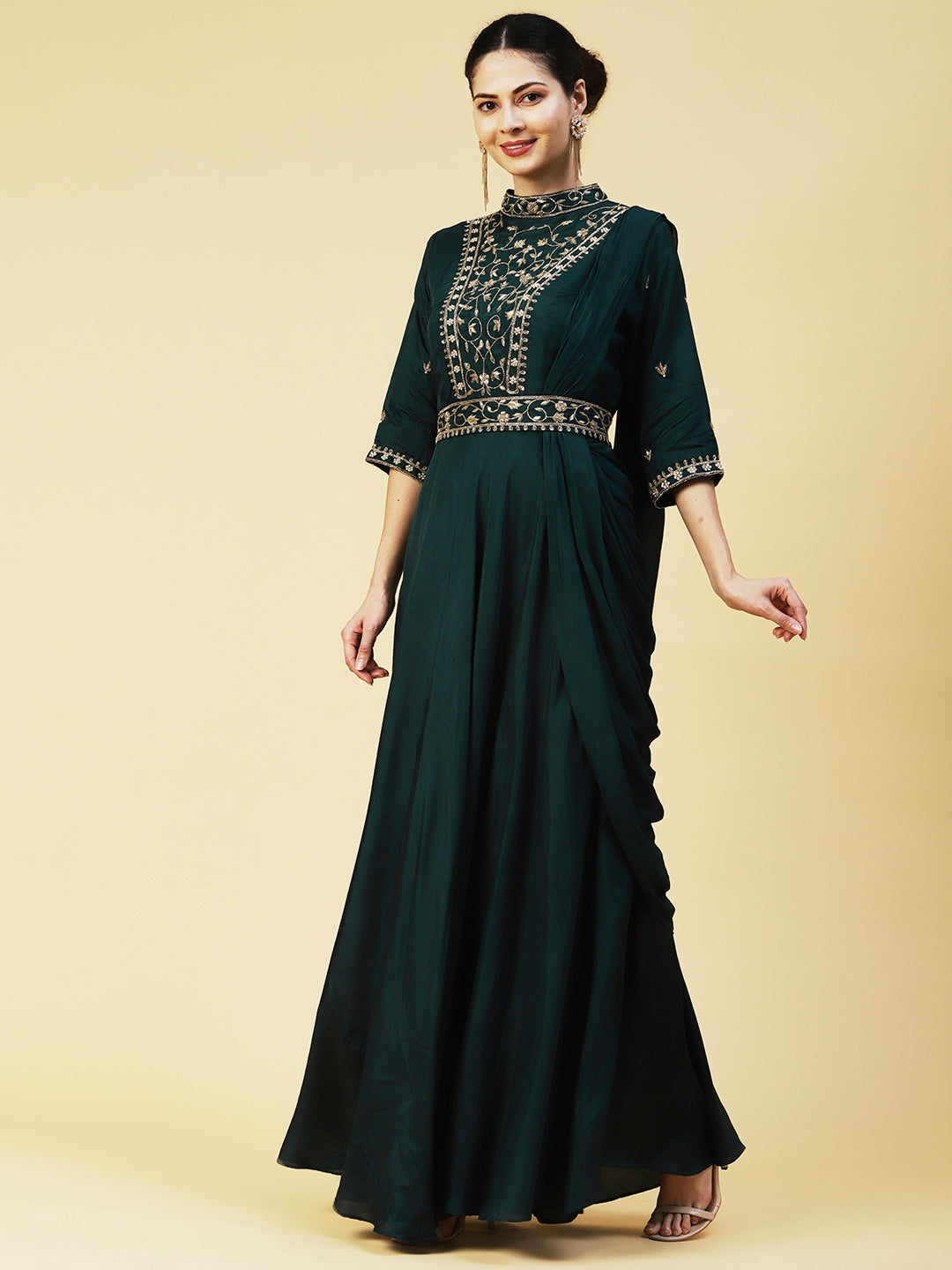 Ethnic Hand Embroidered Fit & Flare Maxi Dress with Belt - Green