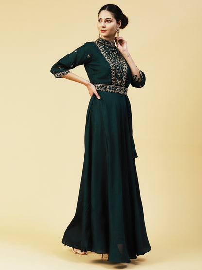 Ethnic Hand Embroidered Fit & Flare Maxi Dress with Belt - Green