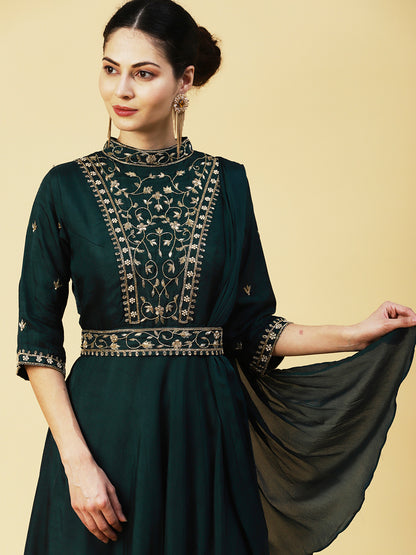 Ethnic Hand Embroidered Fit & Flare Maxi Dress with Belt - Green