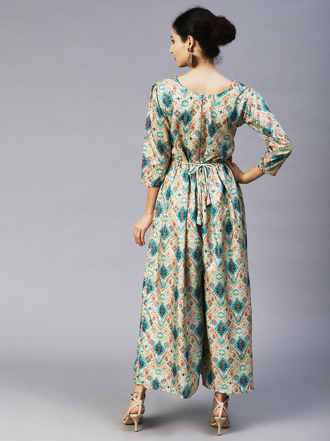 Ethnic Tribal Printed & Hand Embroidered A-Line Maxi Dress - Green