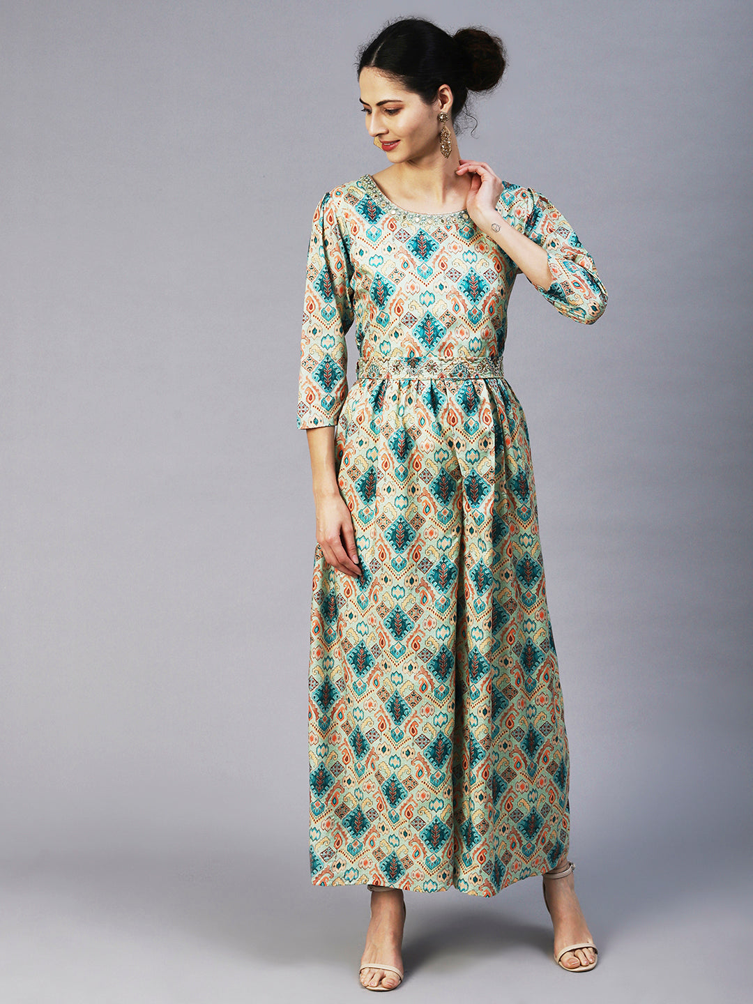 Ethnic Tribal Printed & Hand Embroidered A-Line Maxi Dress - Green