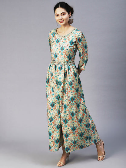 Ethnic Tribal Printed & Hand Embroidered A-Line Maxi Dress - Green