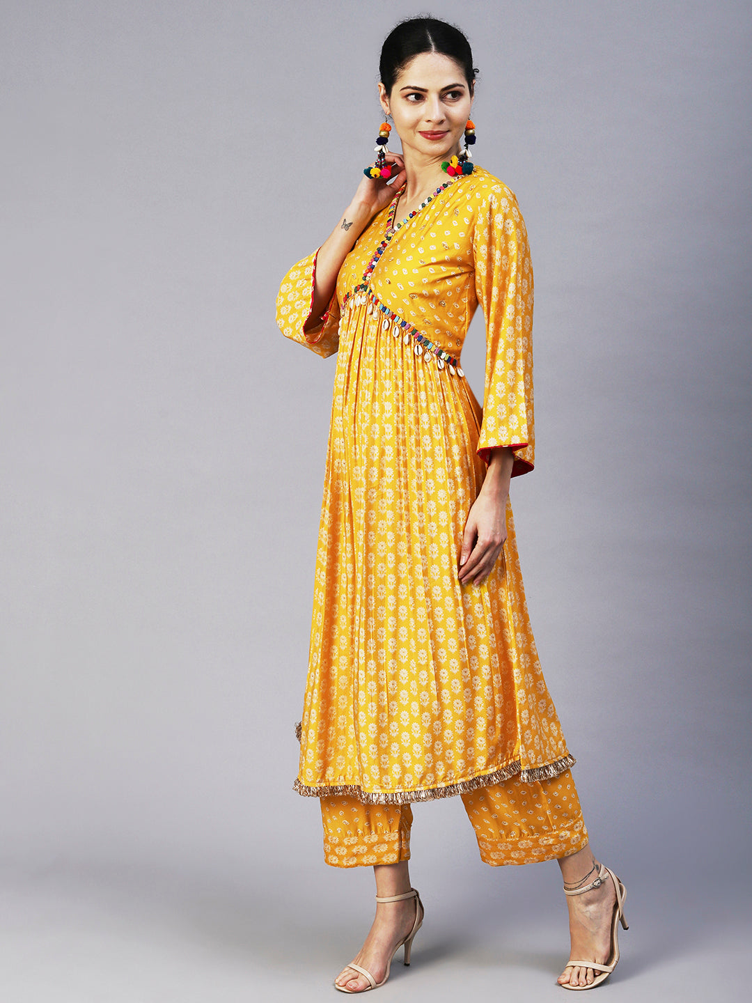 Floral & Bandhani Printed Embroidered A-Line Kurta with Pant - Yellow