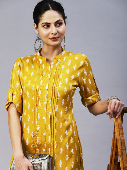 Ethnic Printed Straight Fit Kurta with Pant - Yellow