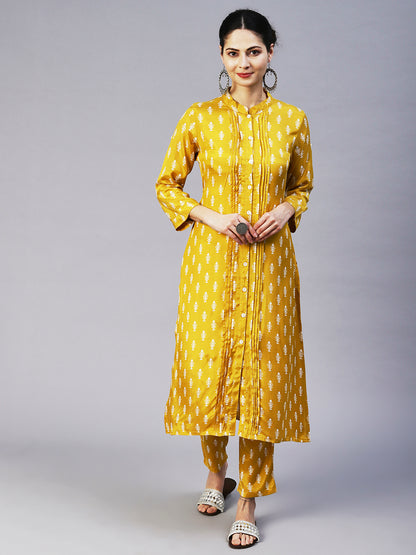 Ethnic Printed Straight Fit Kurta with Pant - Yellow