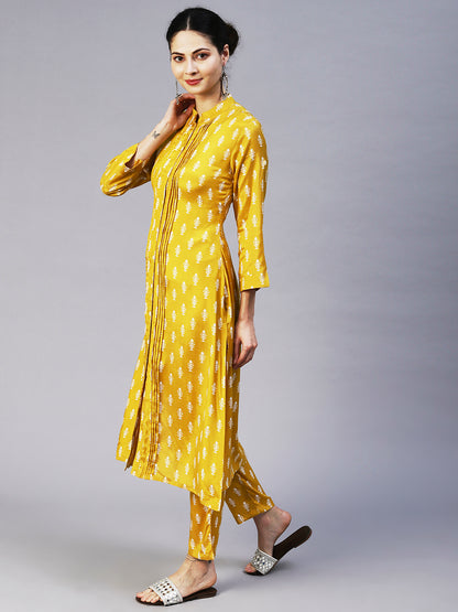 Ethnic Printed Straight Fit Kurta with Pant - Yellow