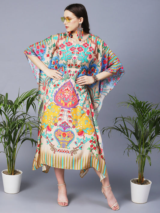 Floral Printed Hand Embroidered Kaftan Midi Dress - Cream & Multi