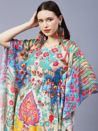 Floral Printed Hand Embroidered Kaftan Midi Dress - Cream & Multi