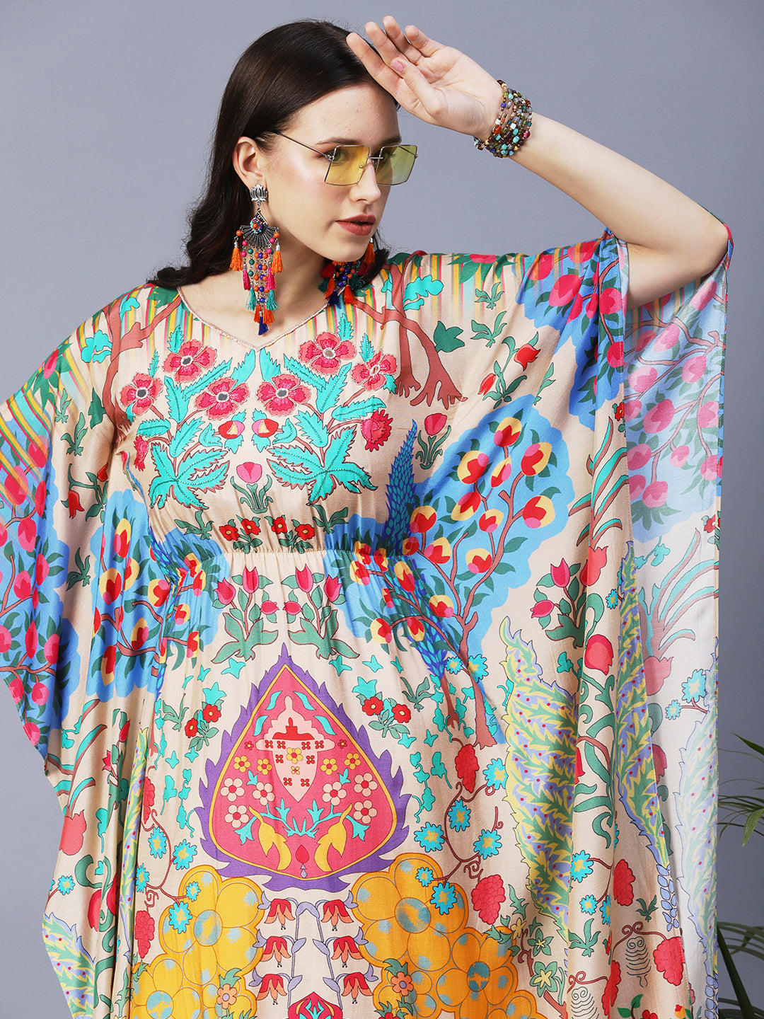 Floral Printed Hand Embroidered Kaftan Midi Dress - Cream & Multi