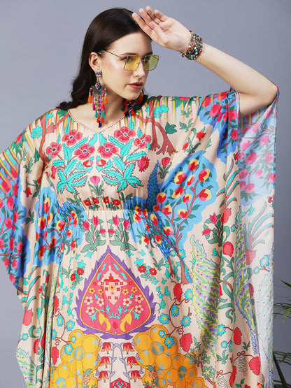 Floral Printed Hand Embroidered Kaftan Midi Dress - Cream & Multi